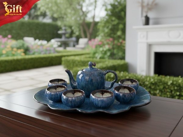Bộ trà dáng đà điểu quay sứ hỏa biến xanh lòng khay xếp SGMNV-BTH11.3