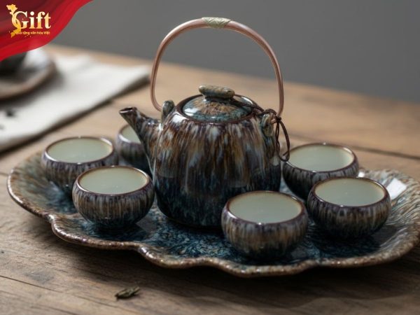 Bộ trà dáng siêu nham thạch hỏa biến nâu lòng trắng khay xếp SGMNV-BTH11.2